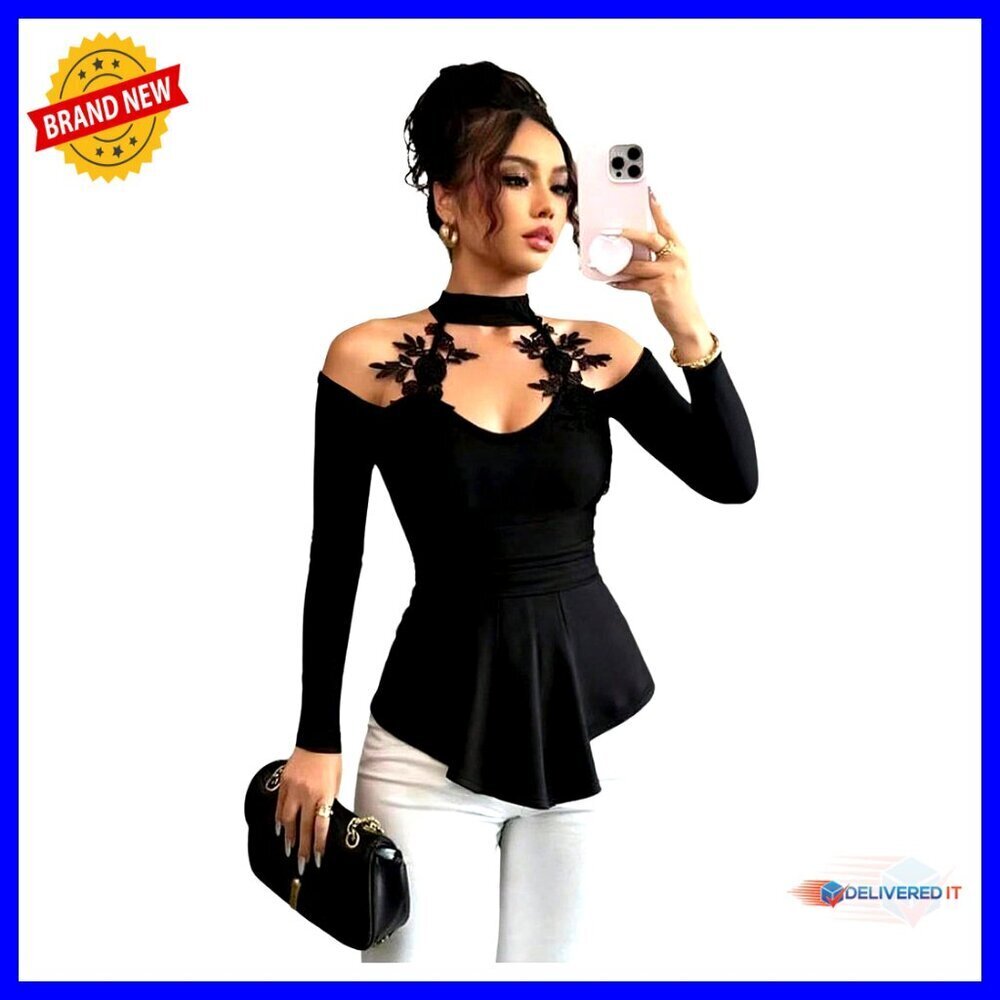 Long Sleeve Cold Shoulder Halter Top Lace Floral Asymmetric Hem T-Shirt